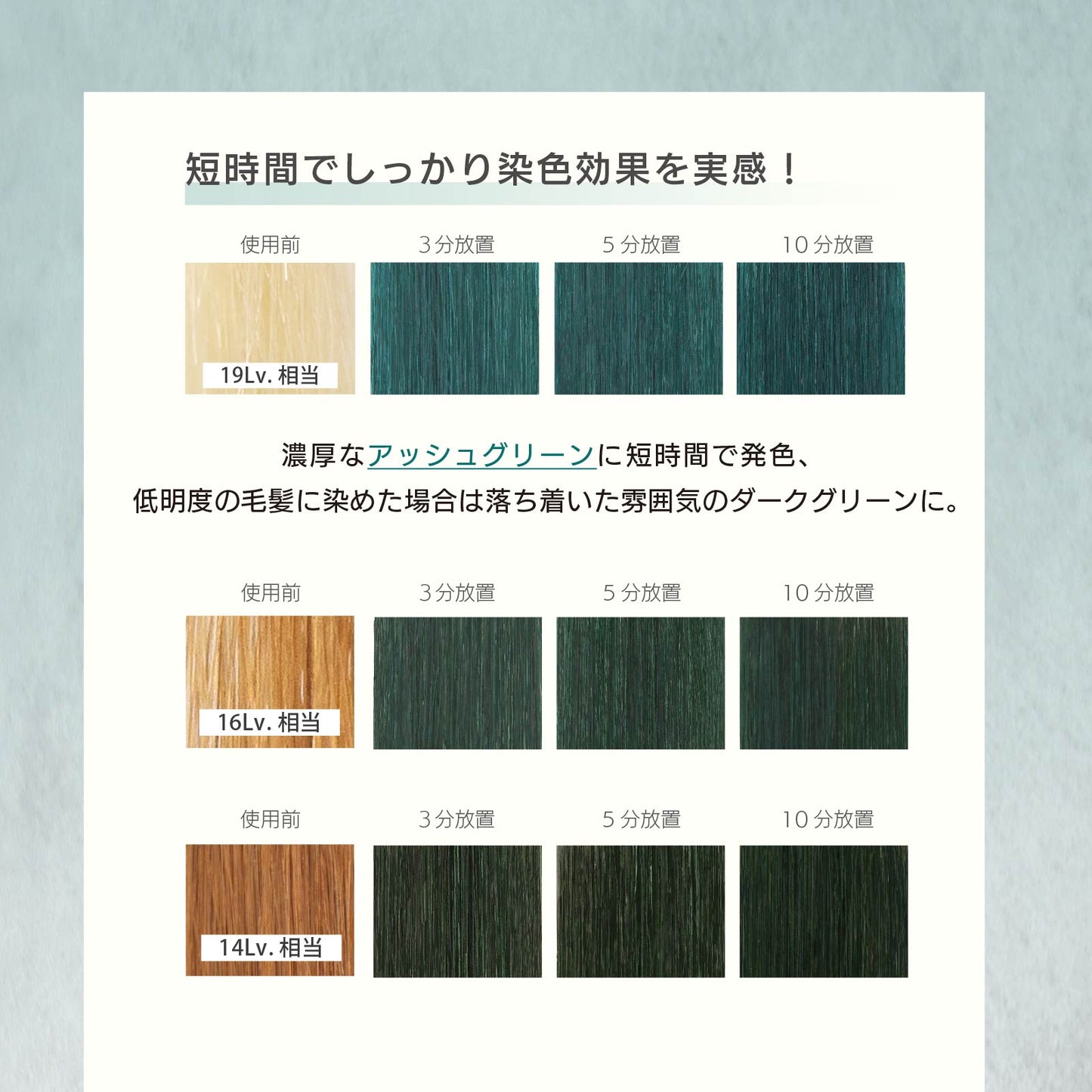 MOUTON アッシュグリーントリートメント 使用後の仕上がりイメージ｜アッシュ感のあるグリーン系ヘアカラー